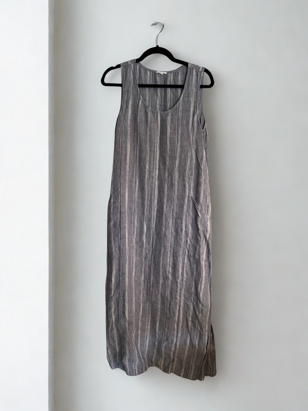 Garnet Hill Linen Taupe & Ivory Vertical-Stripe Sleeveless Maxi Dress
